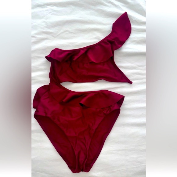 ZIMMERMAN ONE SHOULDER RUFFLE CUT OUT ONE PIECE SWIMSUIT SZ 1 SMALL CRIMSON - Picture 5 of 6